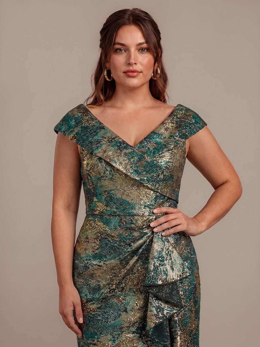 robe sir¨¨ne ¨¤ volants ¨¤ manches courtes en V avec une coupe asym¨¦trique et fermeture ¨¦clair au dos #Couleur_Vert foncé/Or