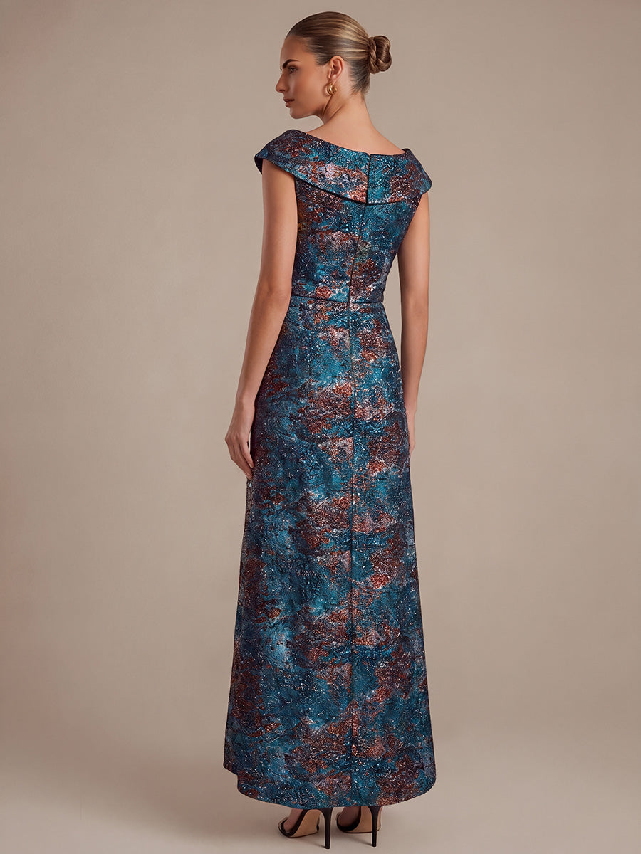 robe sir¨¨ne ¨¤ volants ¨¤ manches courtes en V avec une coupe asym¨¦trique et fermeture ¨¦clair au dos #Couleur_Bleu roi/Or