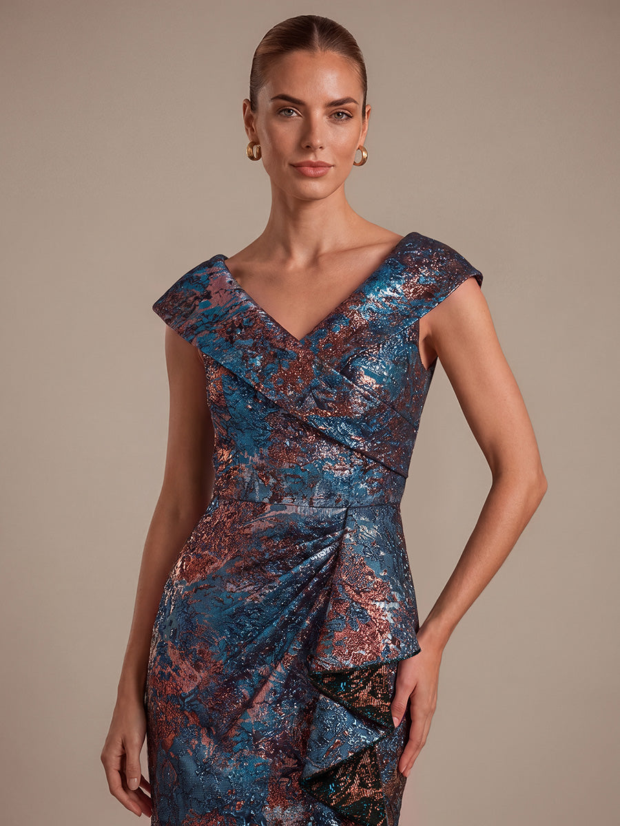 robe sir¨¨ne ¨¤ volants ¨¤ manches courtes en V avec une coupe asym¨¦trique et fermeture ¨¦clair au dos #Couleur_Bleu roi/Or