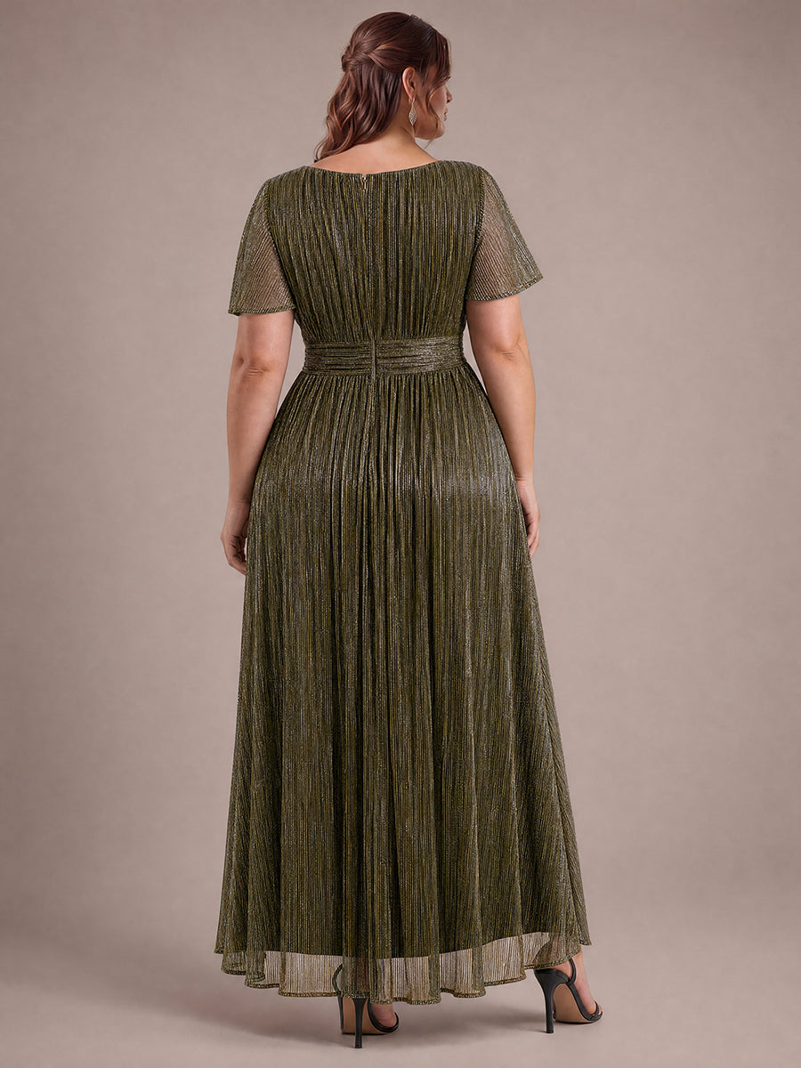robe maxi ¨¤ col rond ¨¤ manches courtes avec volants en coupe A extensible #Couleur_Or métallique