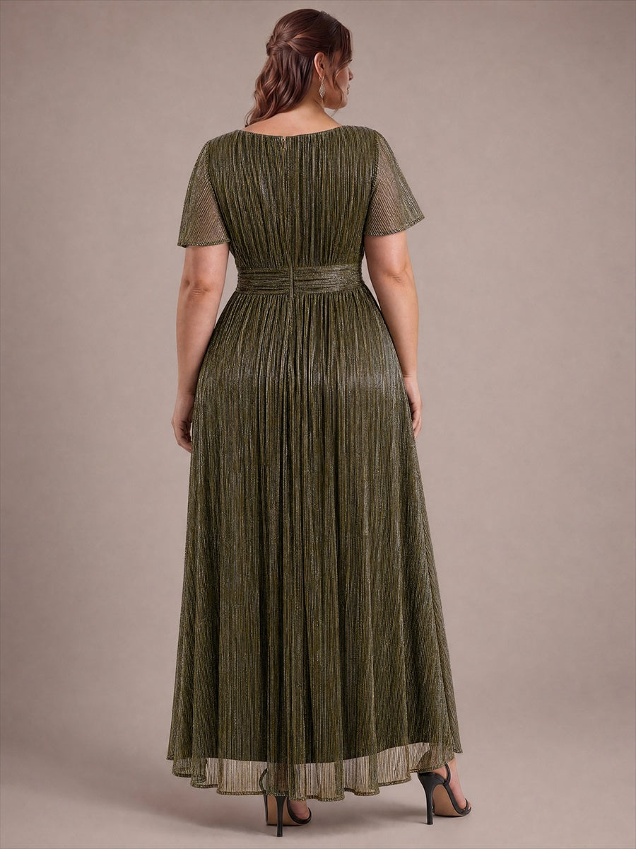 robe maxi ¨¤ col rond ¨¤ manches courtes avec volants en coupe A extensible #Couleur_Or métallique