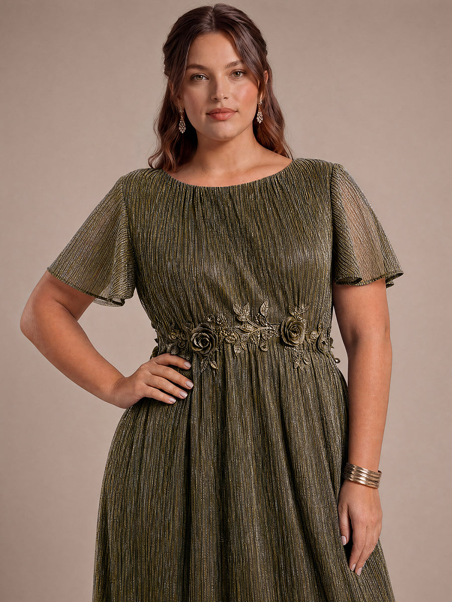 robe maxi ¨¤ col rond ¨¤ manches courtes avec volants en coupe A extensible #Couleur_Or métallique
