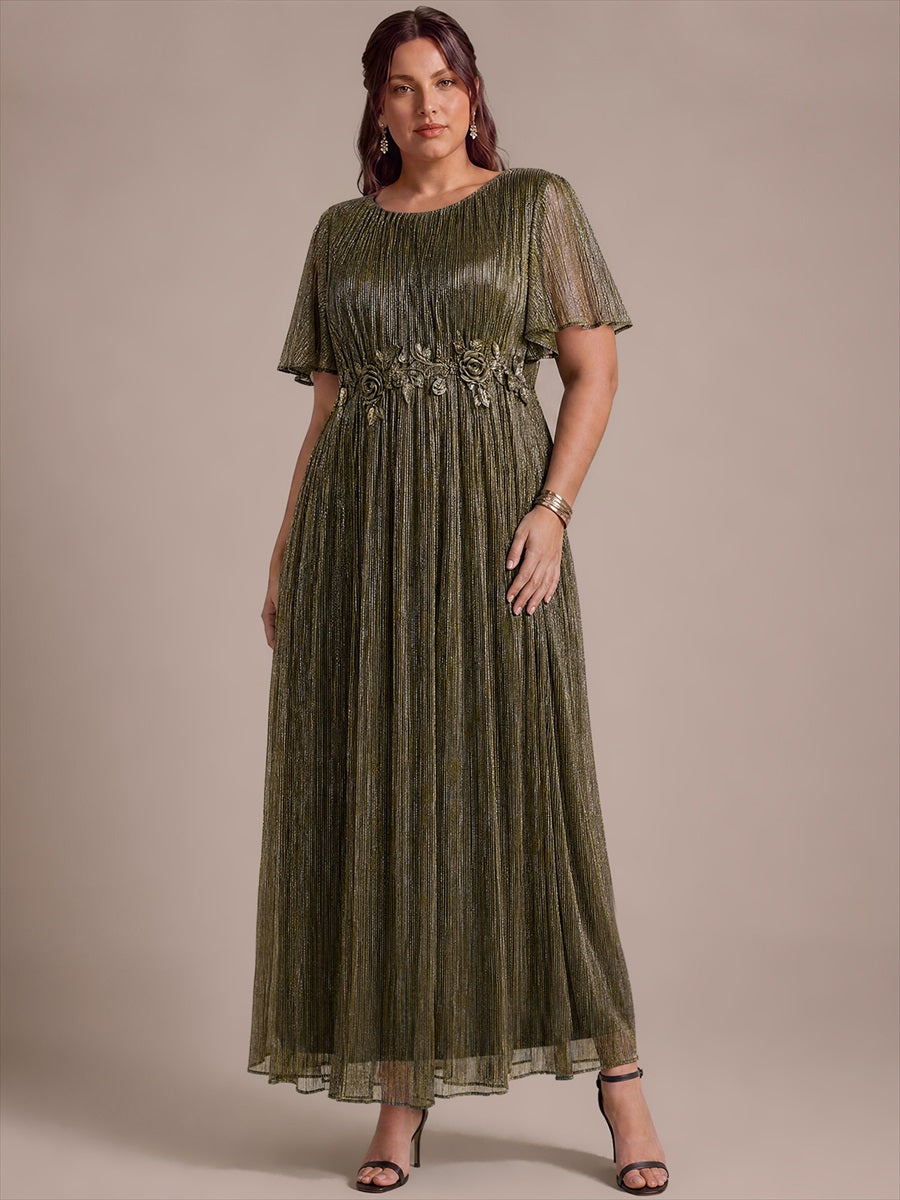 robe maxi ¨¤ col rond ¨¤ manches courtes avec volants en coupe A extensible #Couleur_Or métallique