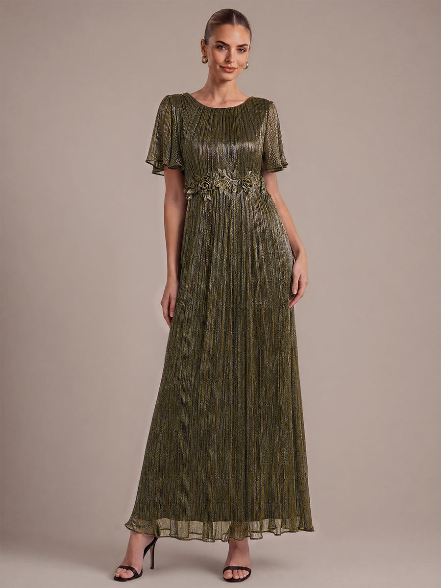 robe maxi ¨¤ col rond ¨¤ manches courtes avec volants en coupe A extensible #Couleur_Or métallique
