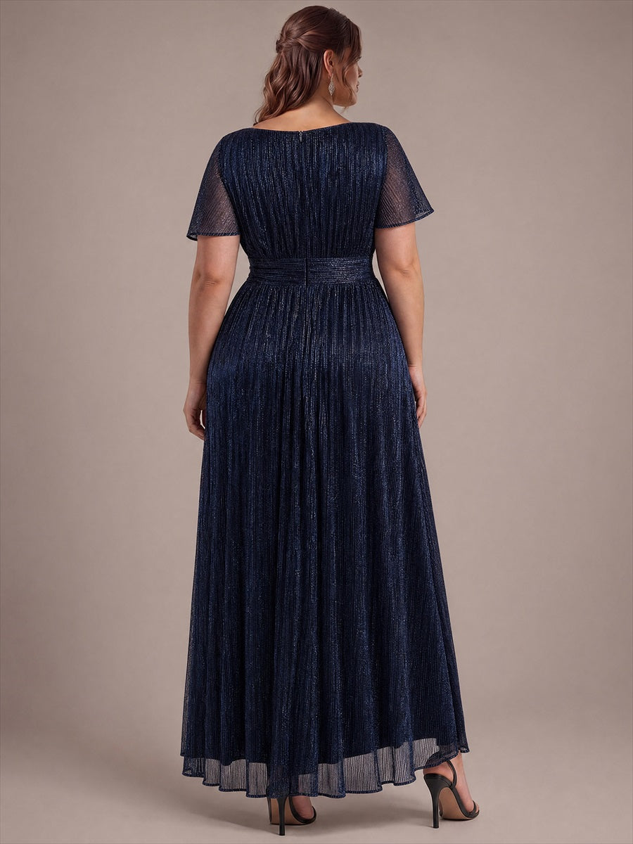 robe maxi ¨¤ col rond ¨¤ manches courtes avec volants en coupe A extensible #Couleur_Bleu Marine