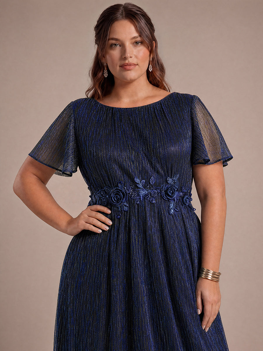 robe maxi ¨¤ col rond ¨¤ manches courtes avec volants en coupe A extensible #Couleur_Bleu Marine