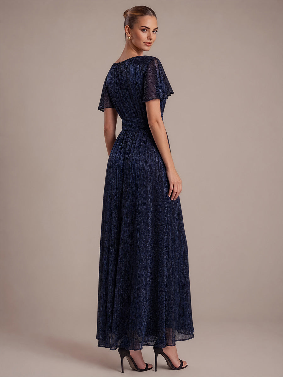robe maxi ¨¤ col rond ¨¤ manches courtes avec volants en coupe A extensible #Couleur_Bleu Marine