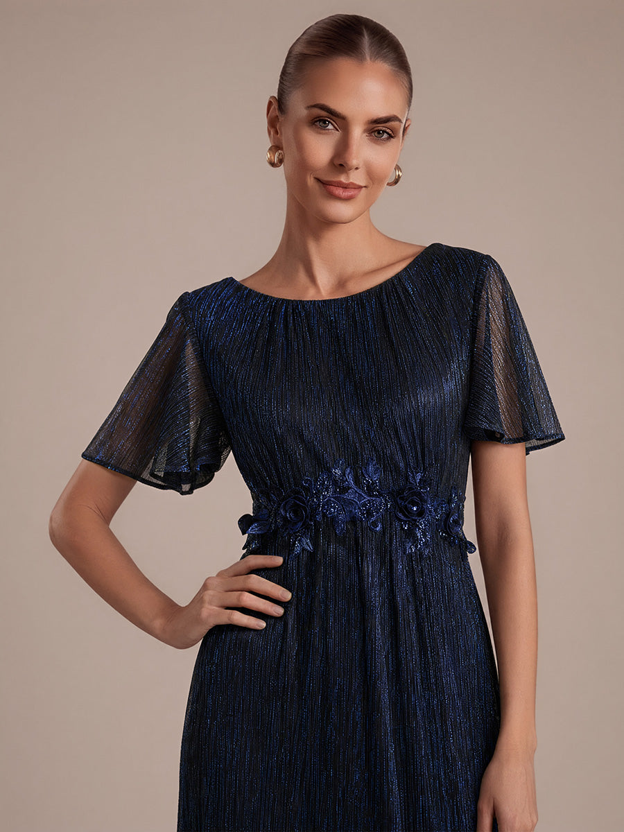 robe maxi ¨¤ col rond ¨¤ manches courtes avec volants en coupe A extensible #Couleur_Bleu Marine