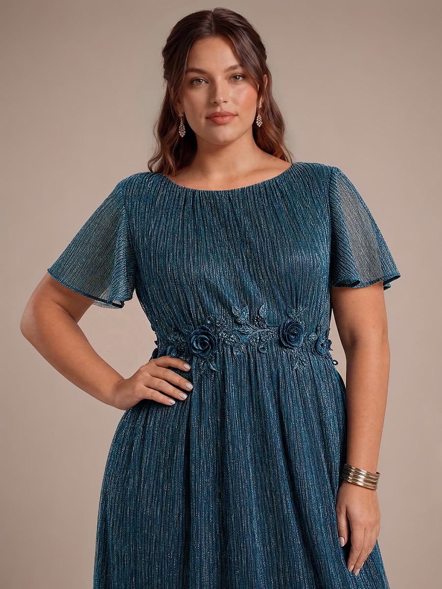 robe maxi ¨¤ col rond ¨¤ manches courtes avec volants en coupe A extensible #Couleur_Bleu Sarcelle