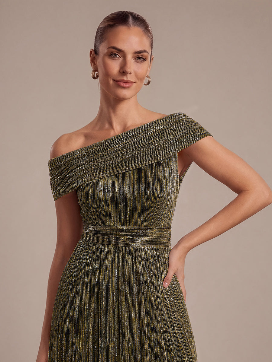 Robe A-Line sans manches maxi pliss¨¦e avec tissu extensible #Couleur_Or métallique
