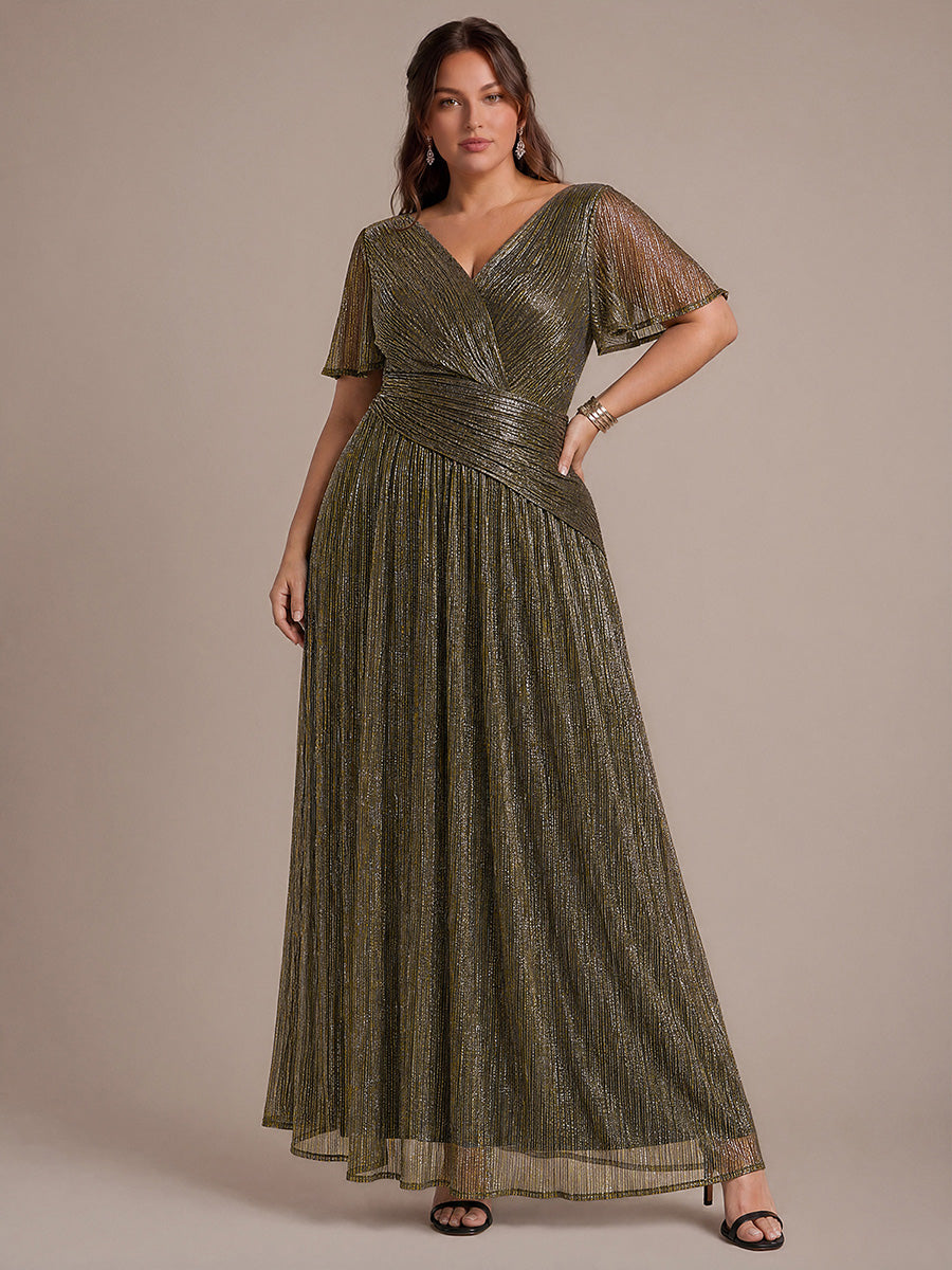 robe maxi ¨¤ manches courtes en pliss¨¦ avec un d¨¦collet¨¦ en V et un ourlet ¨¤ volants avec fermeture ¨¦clair au dos #Couleur_Or métallique
