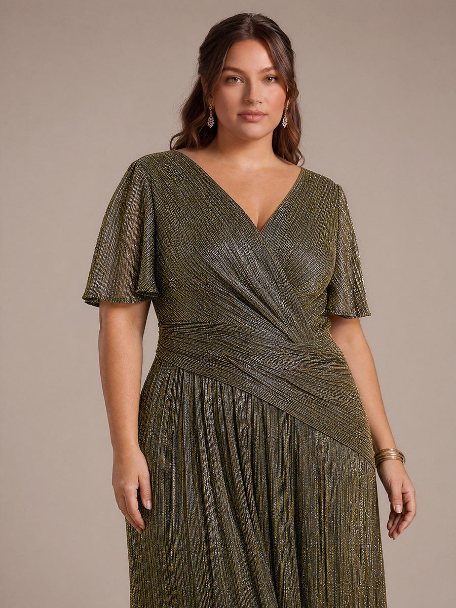 robe maxi ¨¤ manches courtes en pliss¨¦ avec un d¨¦collet¨¦ en V et un ourlet ¨¤ volants avec fermeture ¨¦clair au dos #Couleur_Or métallique