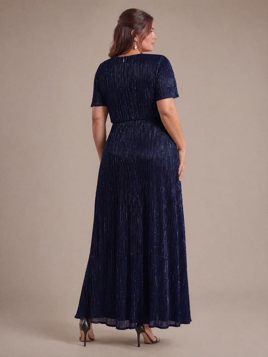 robe maxi ¨¤ manches courtes en pliss¨¦ avec un d¨¦collet¨¦ en V et un ourlet ¨¤ volants avec fermeture ¨¦clair au dos #Couleur_Bleu Marine