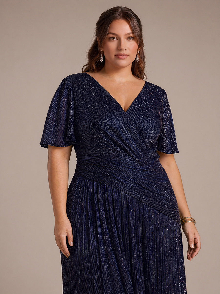 robe maxi ¨¤ manches courtes en pliss¨¦ avec un d¨¦collet¨¦ en V et un ourlet ¨¤ volants avec fermeture ¨¦clair au dos #Couleur_Bleu Marine