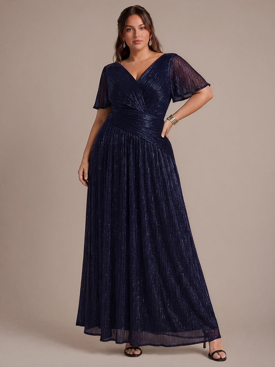 robe maxi ¨¤ manches courtes en pliss¨¦ avec un d¨¦collet¨¦ en V et un ourlet ¨¤ volants avec fermeture ¨¦clair au dos #Couleur_Bleu Marine