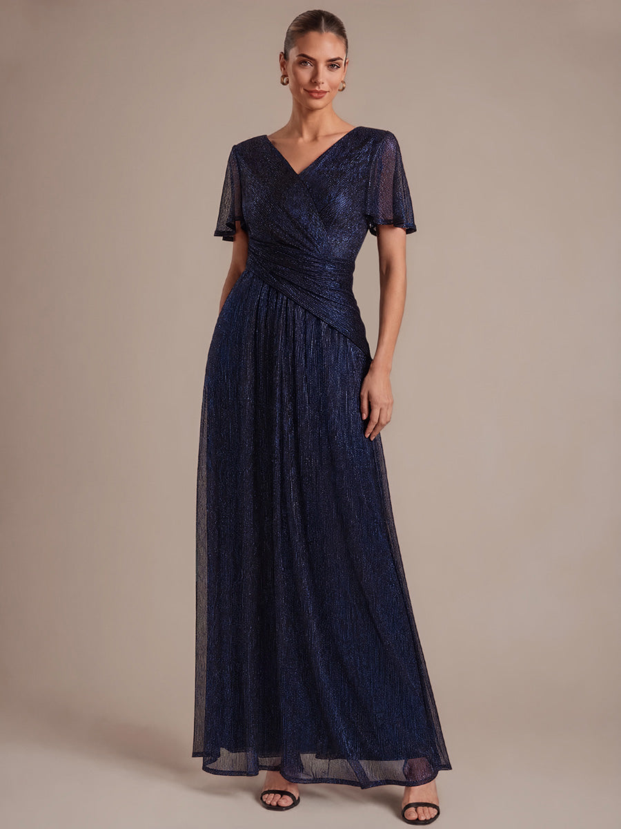 robe maxi ¨¤ manches courtes en pliss¨¦ avec un d¨¦collet¨¦ en V et un ourlet ¨¤ volants avec fermeture ¨¦clair au dos #Couleur_Bleu Marine
