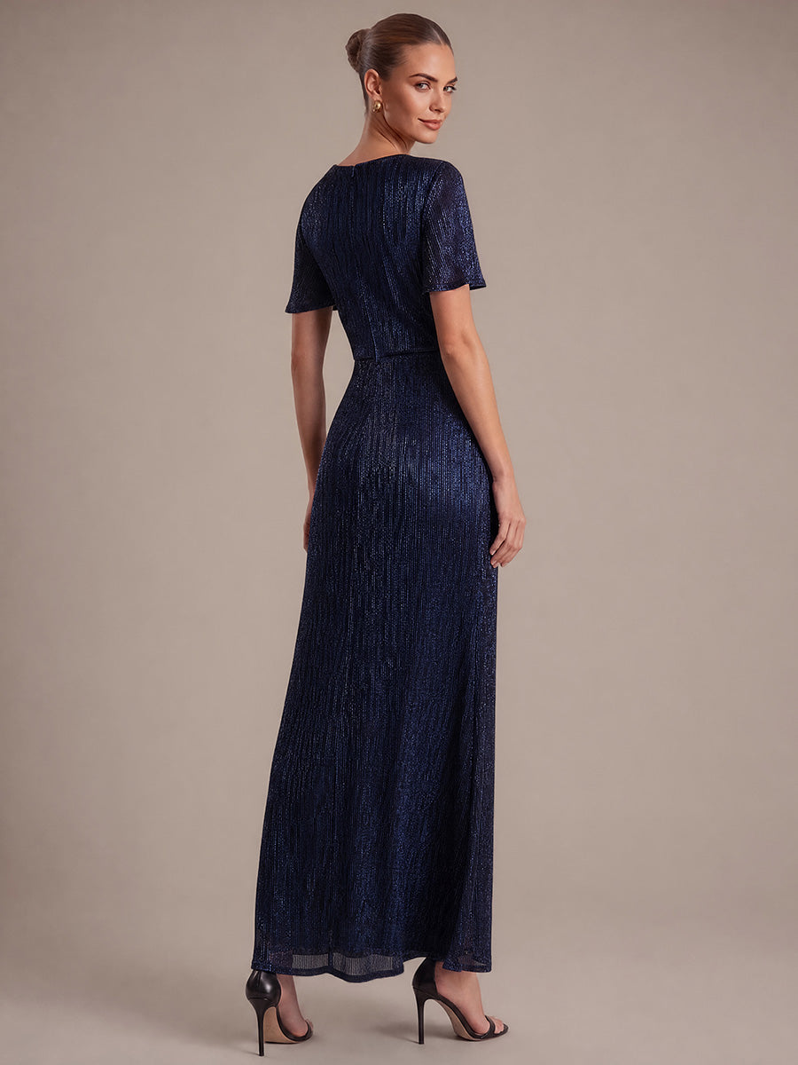 robe maxi ¨¤ manches courtes en pliss¨¦ avec un d¨¦collet¨¦ en V et un ourlet ¨¤ volants avec fermeture ¨¦clair au dos #Couleur_Bleu Marine