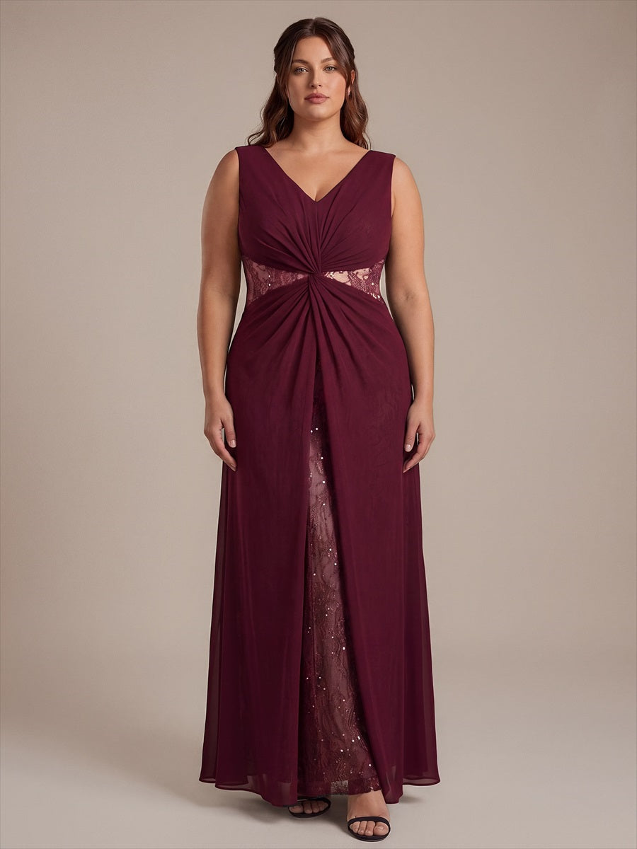 Robe maxi sans manches en V avec détails transparents #Couleur_Bordeaux