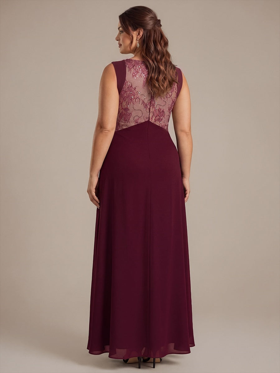 Robe maxi sans manches en V avec détails transparents #Couleur_Bordeaux