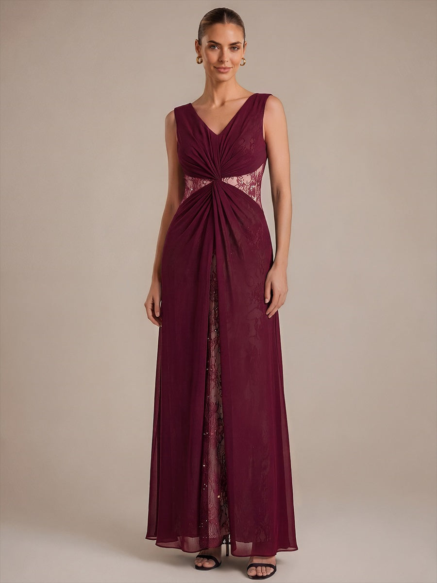 Robe maxi sans manches en V avec détails transparents #Couleur_Bordeaux