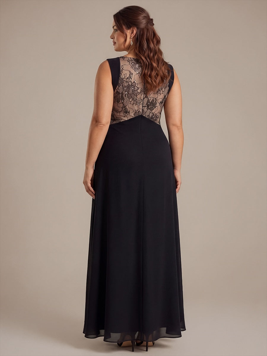 Robe maxi sans manches en V avec détails transparents #Couleur_Noir