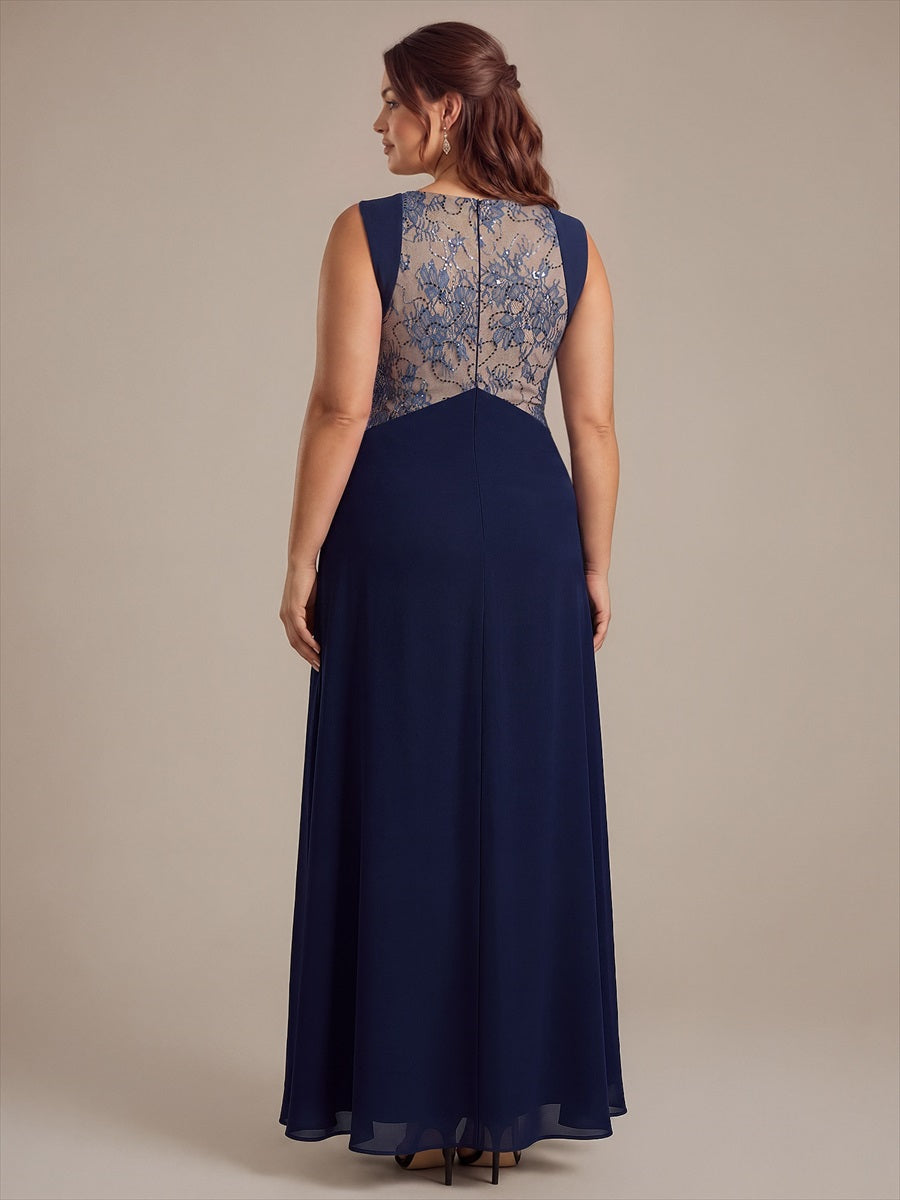 Robe maxi sans manches en V avec détails transparents #Couleur_Bleu Marine