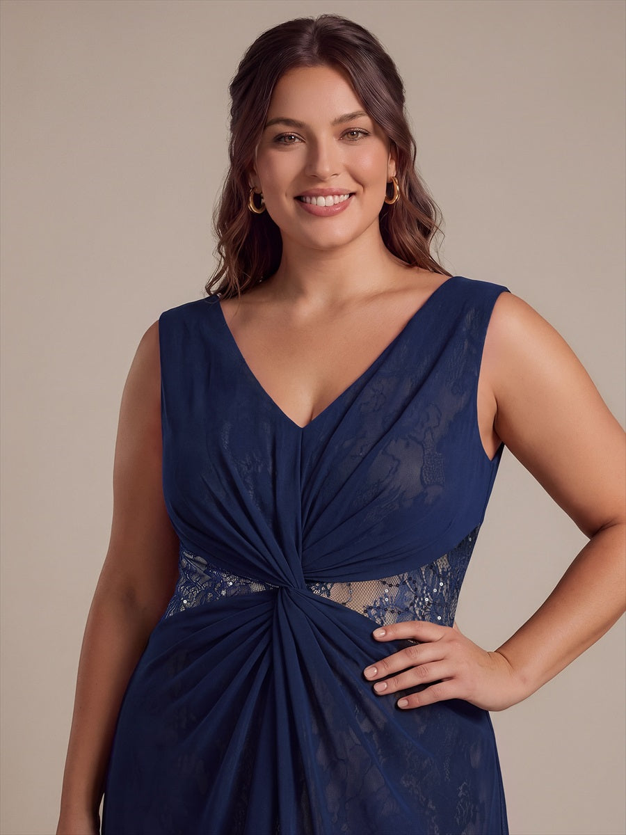 Robe maxi sans manches en V avec détails transparents #Couleur_Bleu Marine