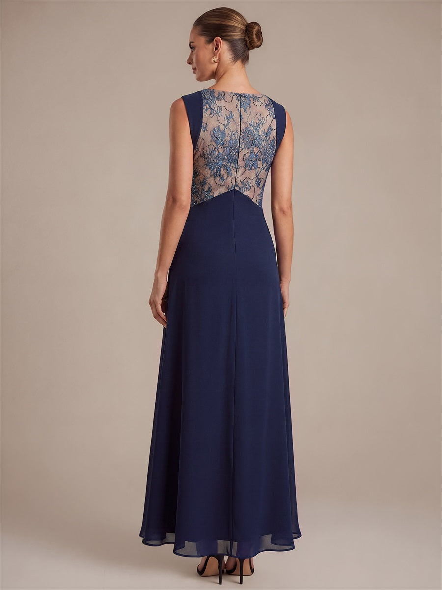 Robe maxi sans manches en V avec détails transparents #Couleur_Bleu Marine