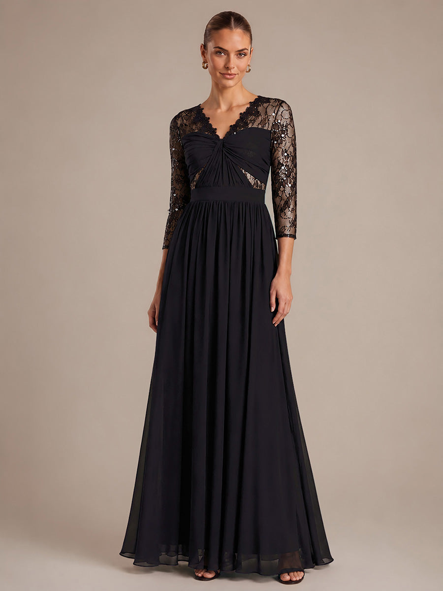 Robe maxi transparente à manches longues en V avec coupe évasée et tissu extensible #Couleur_Noir