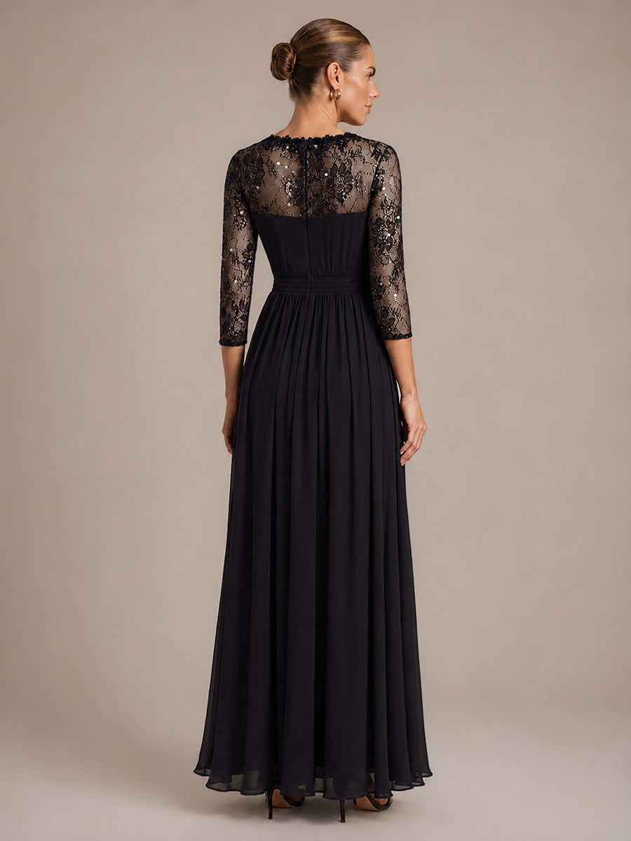 Robe maxi transparente à manches longues en V avec coupe évasée et tissu extensible #Couleur_Noir