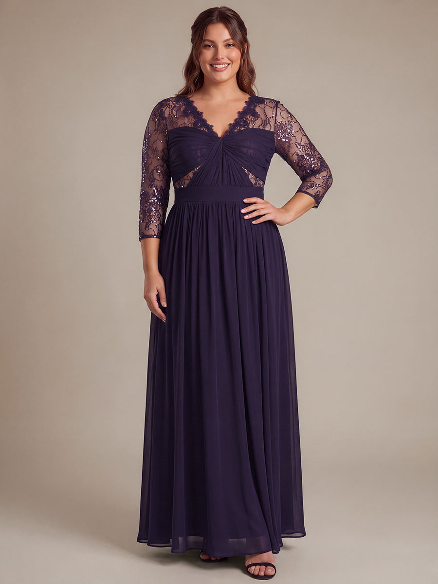 Robe maxi transparente à manches longues en V avec coupe évasée et tissu extensible #Couleur_Violet Fonce