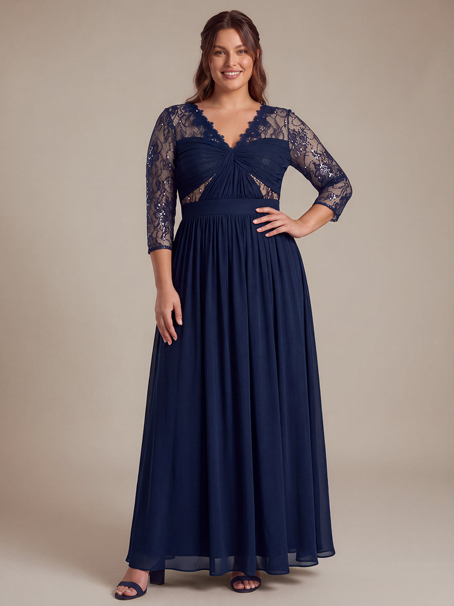 Robe maxi transparente à manches longues en V avec coupe évasée et tissu extensible #Couleur_Bleu Marine