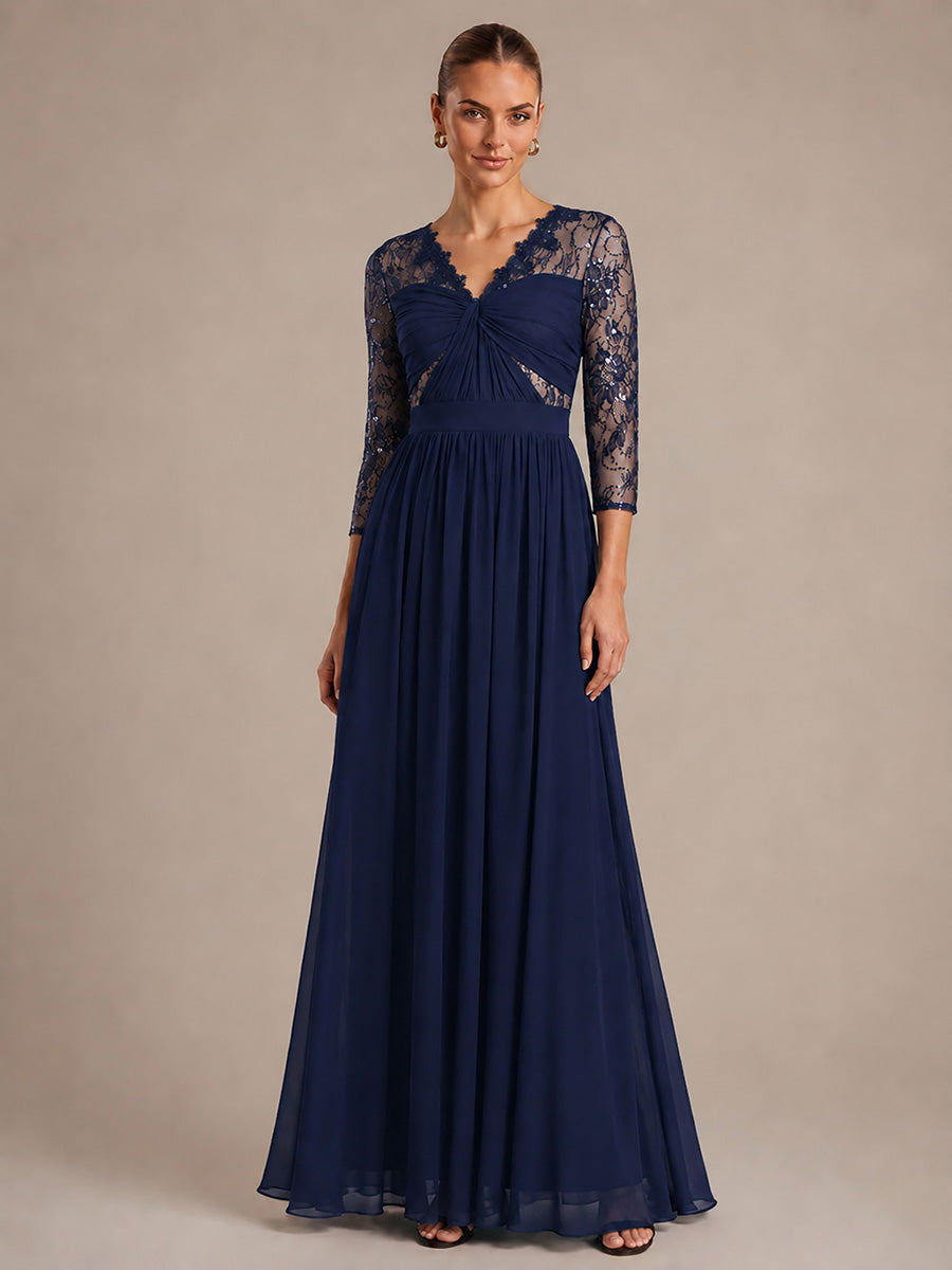 Robe maxi transparente à manches longues en V avec coupe évasée et tissu extensible #Couleur_Bleu Marine