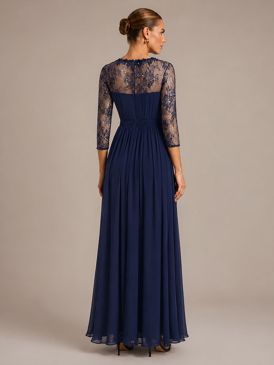 Robe maxi transparente à manches longues en V avec coupe évasée et tissu extensible #Couleur_Bleu Marine