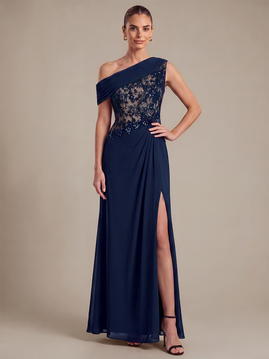 Robe maxi élégante sans manches à épaule unique transparente en A #Couleur_Bleu Marine