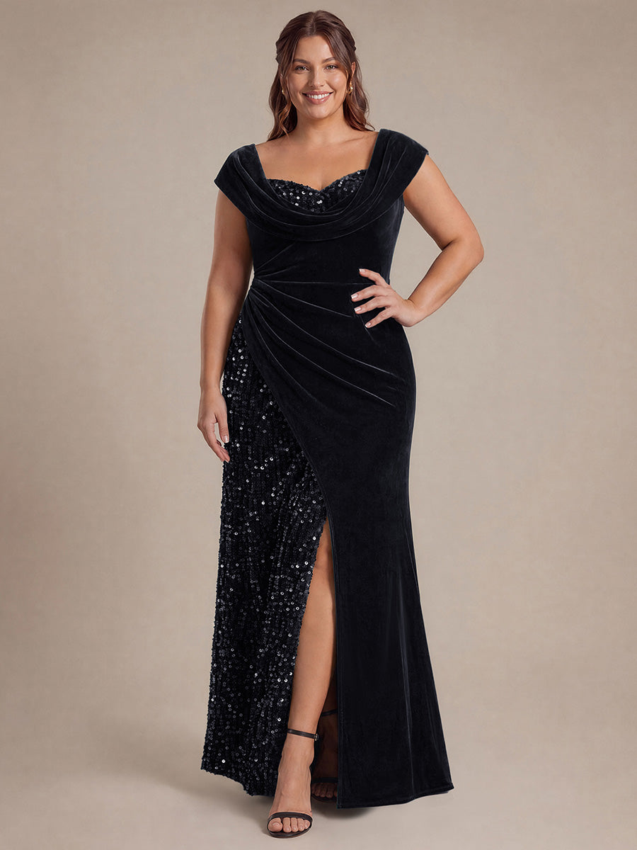 Robe A-Line à sequins maxi avec décolleté carré et manches courtes #Couleur_Noir