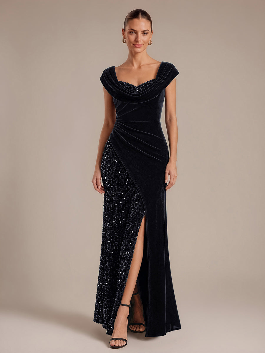 Robe A-Line à sequins maxi avec décolleté carré et manches courtes #Couleur_Noir