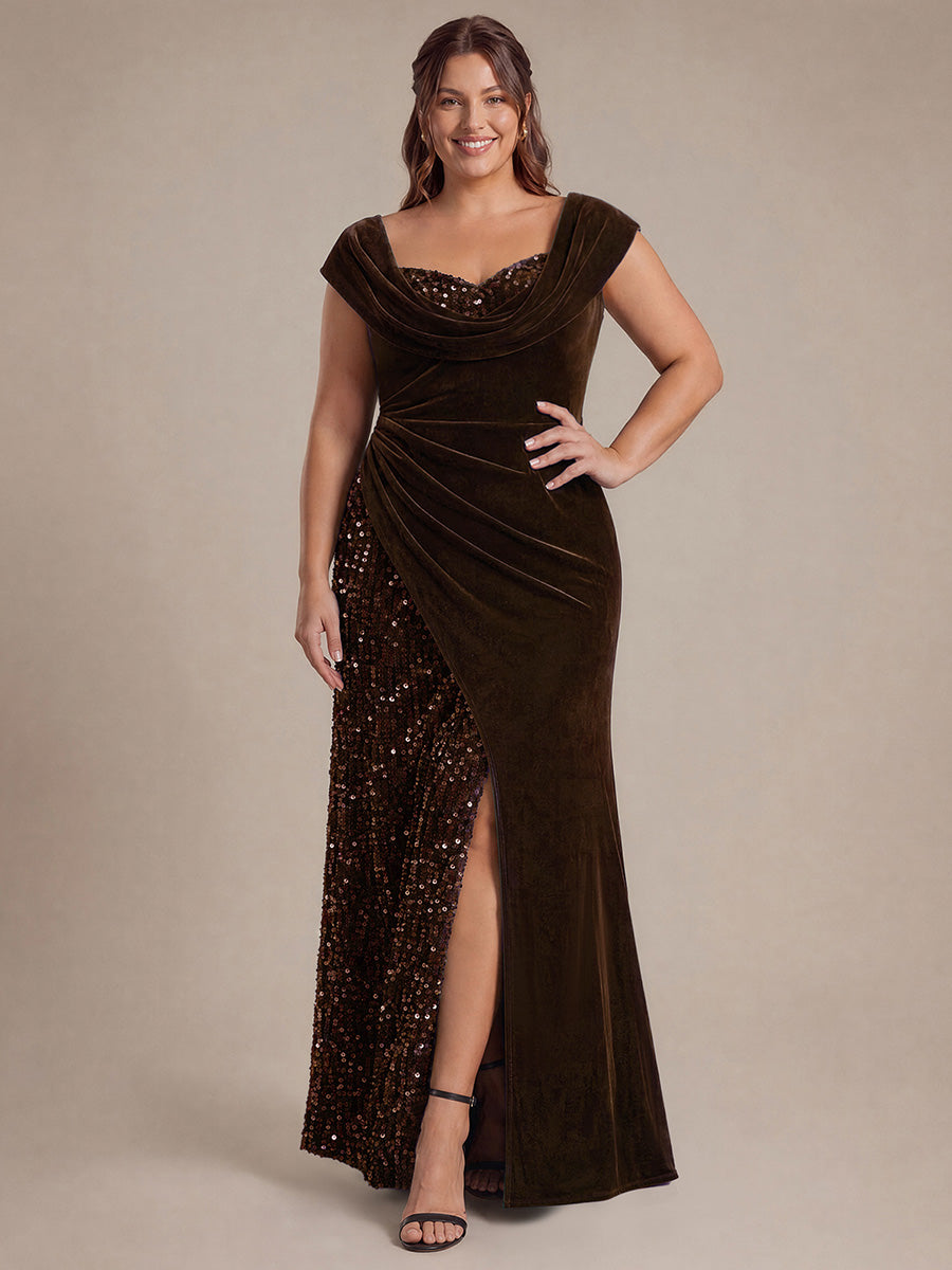 Robe A-Line à sequins maxi avec décolleté carré et manches courtes #Couleur_Marron chocolat