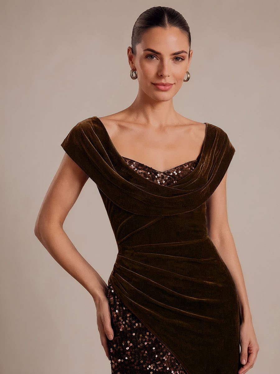 Robe A-Line à sequins maxi avec décolleté carré et manches courtes #Couleur_Marron chocolat