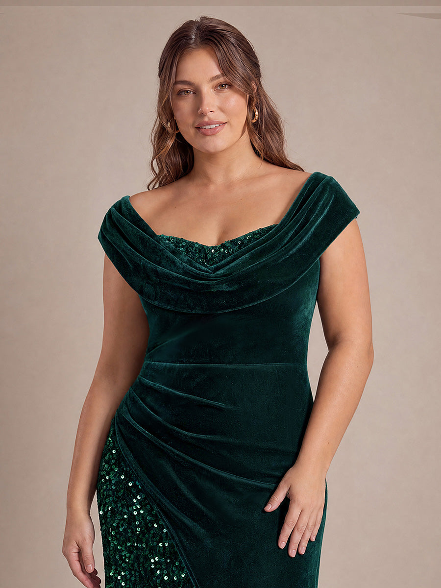 Robe A-Line à sequins maxi avec décolleté carré et manches courtes #Couleur_Vert Fonce