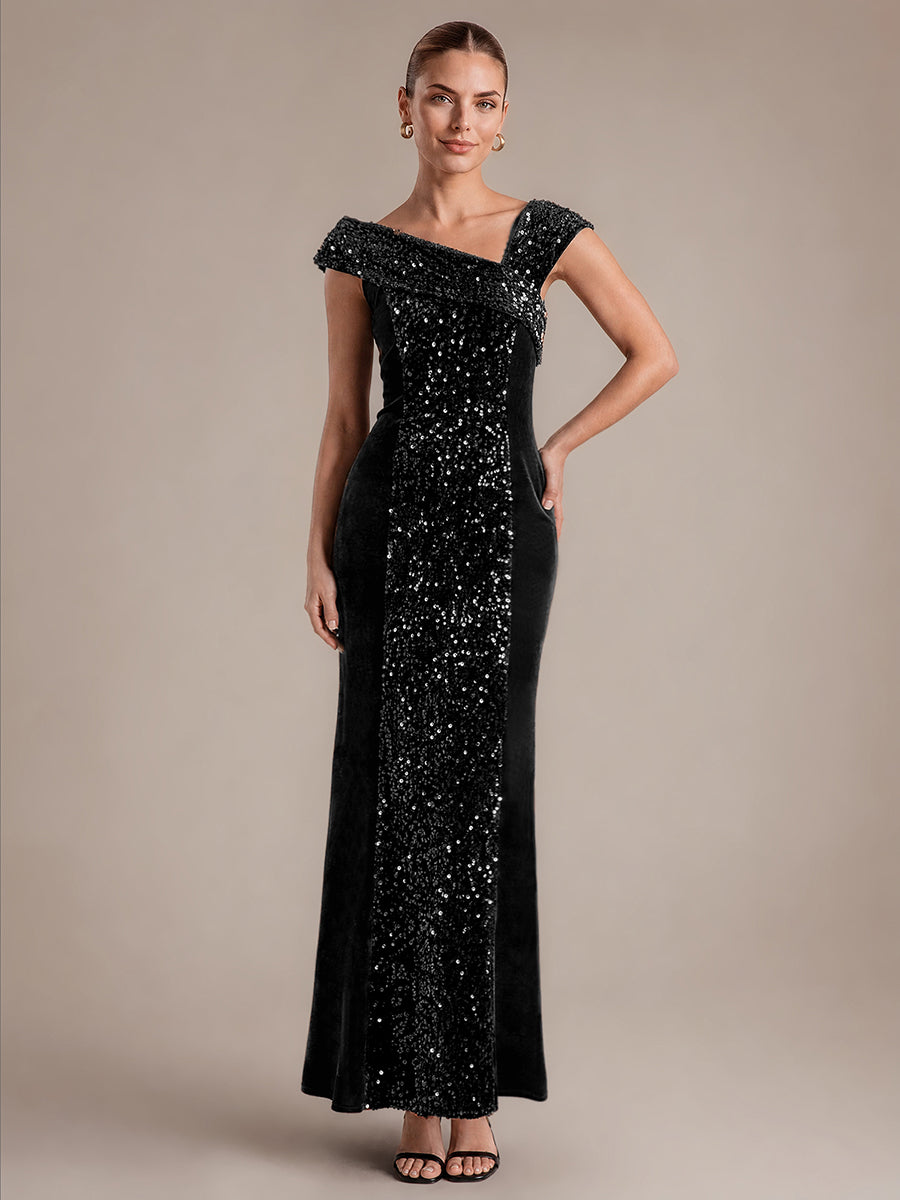 Robe moulante asymétrique sans manches en sequins maxi #Couleur_Noir