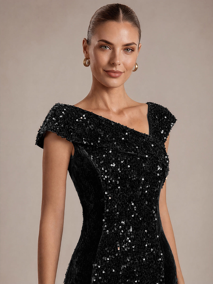 Robe moulante asymétrique sans manches en sequins maxi #Couleur_Noir