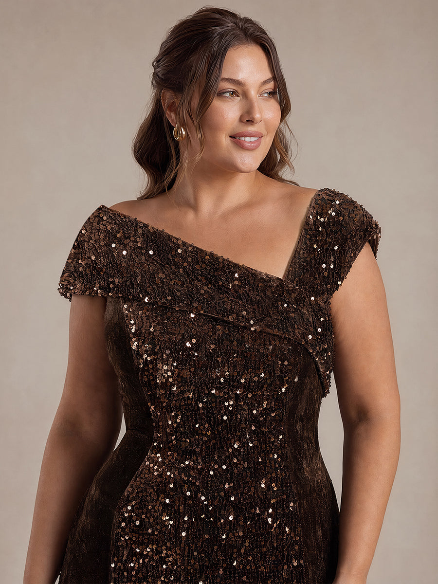 Robe moulante asymétrique sans manches en sequins maxi #Couleur_Marron chocolat