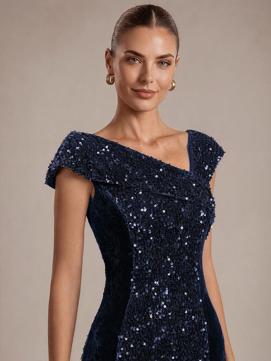 Robe moulante asymétrique sans manches en sequins maxi #Couleur_Bleu Marine