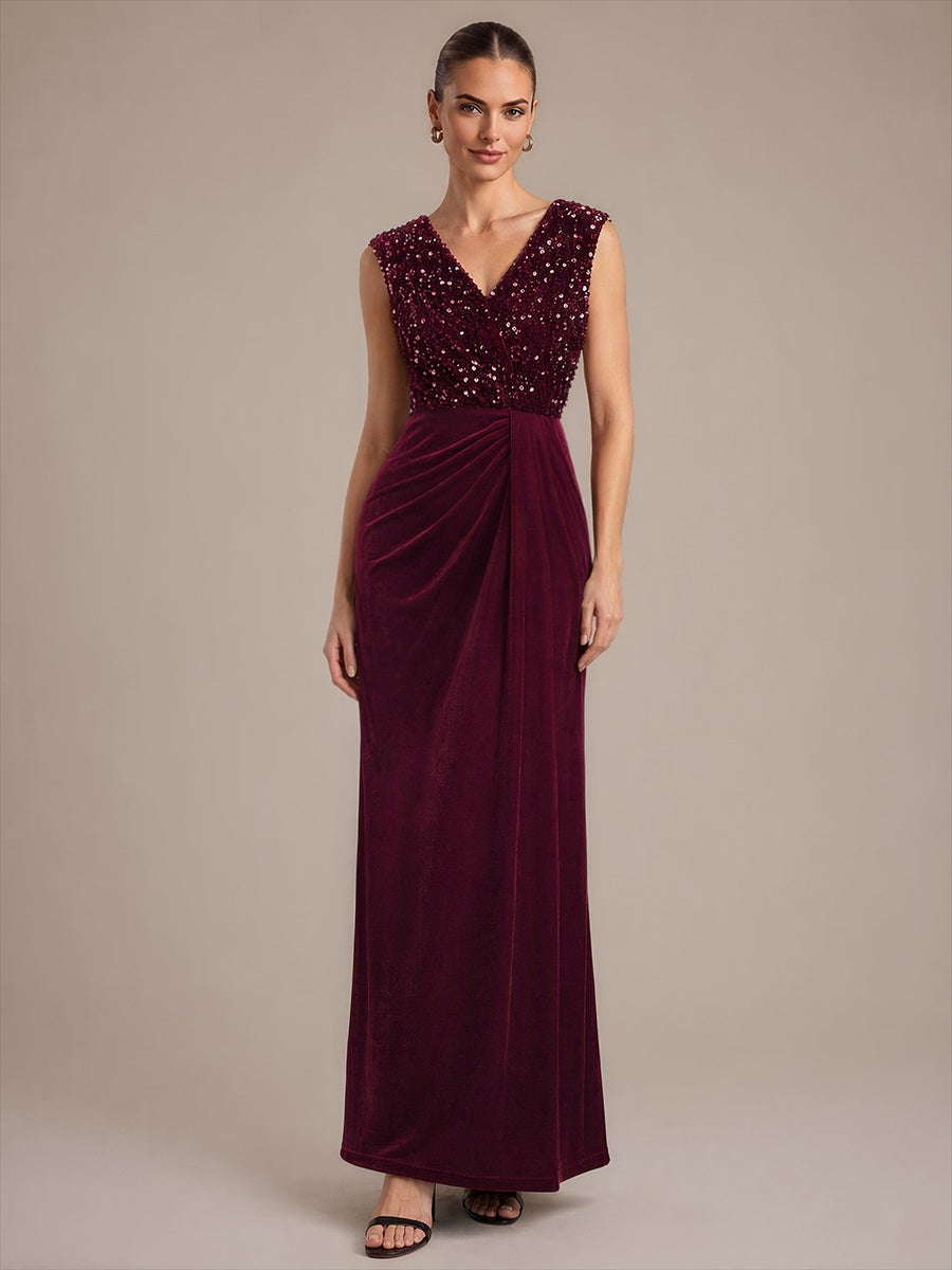 Robe asymétrique sans manches à décolleté en V et sequins longueur maxi #Couleur_Bordeaux