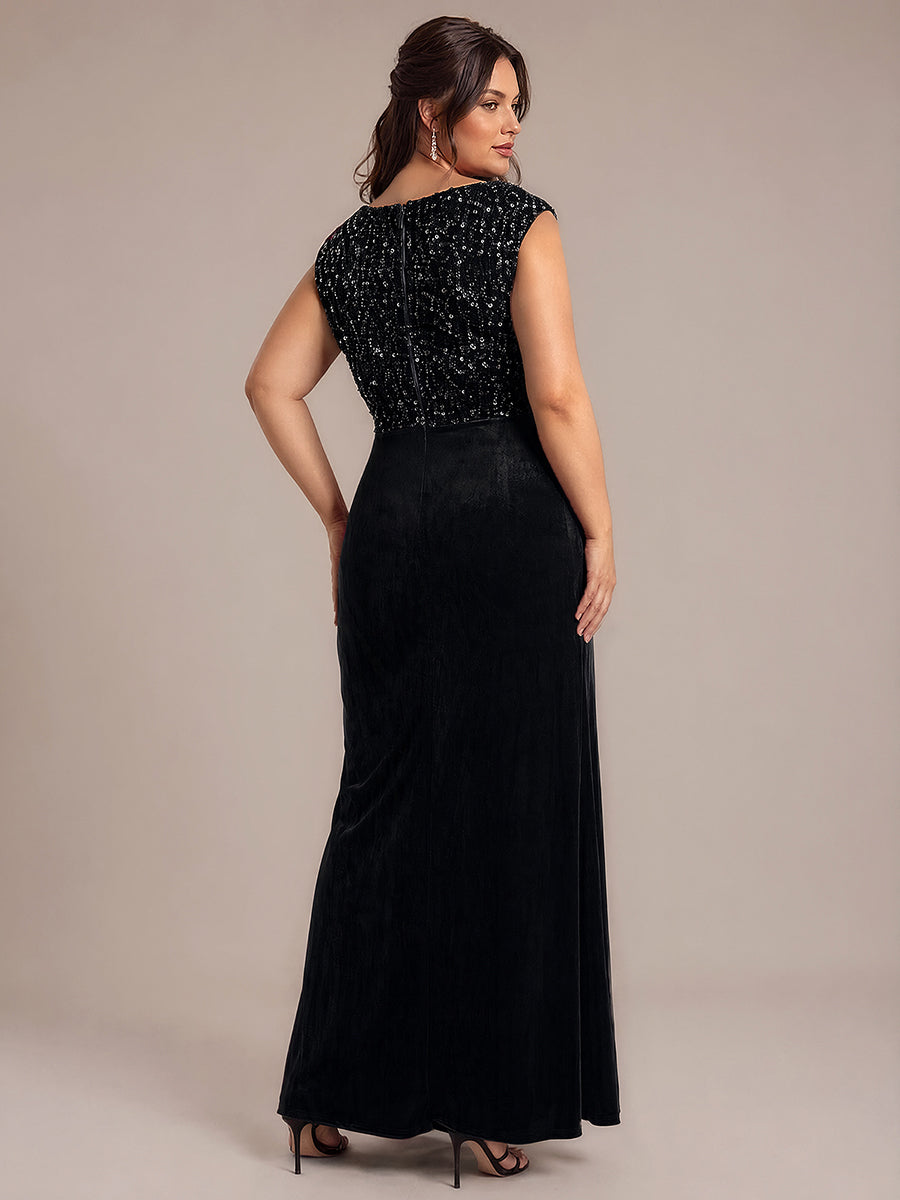 Robe asymétrique sans manches à décolleté en V et sequins longueur maxi #Couleur_Noir