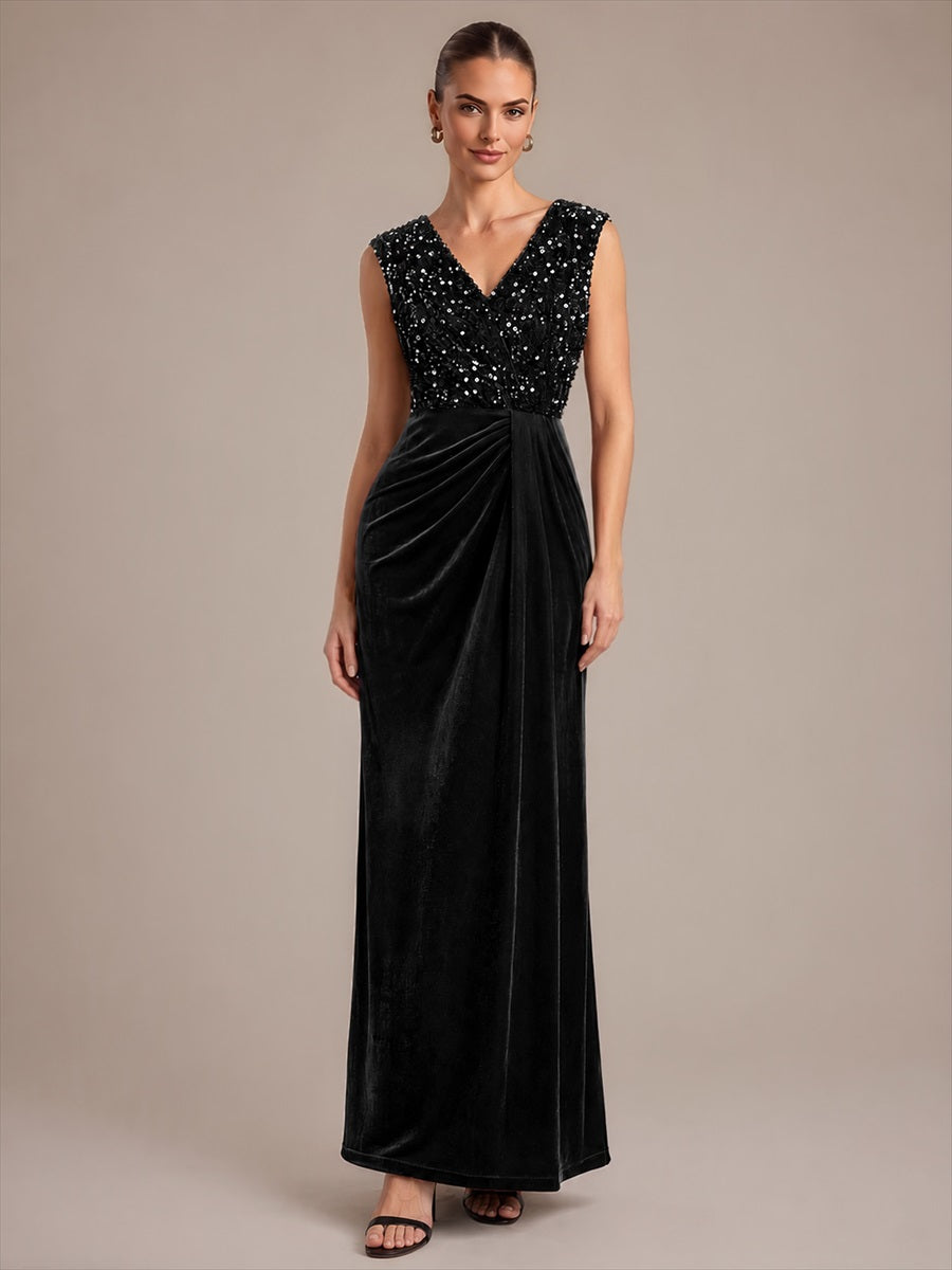 Robe asymétrique sans manches à décolleté en V et sequins longueur maxi #Couleur_Noir