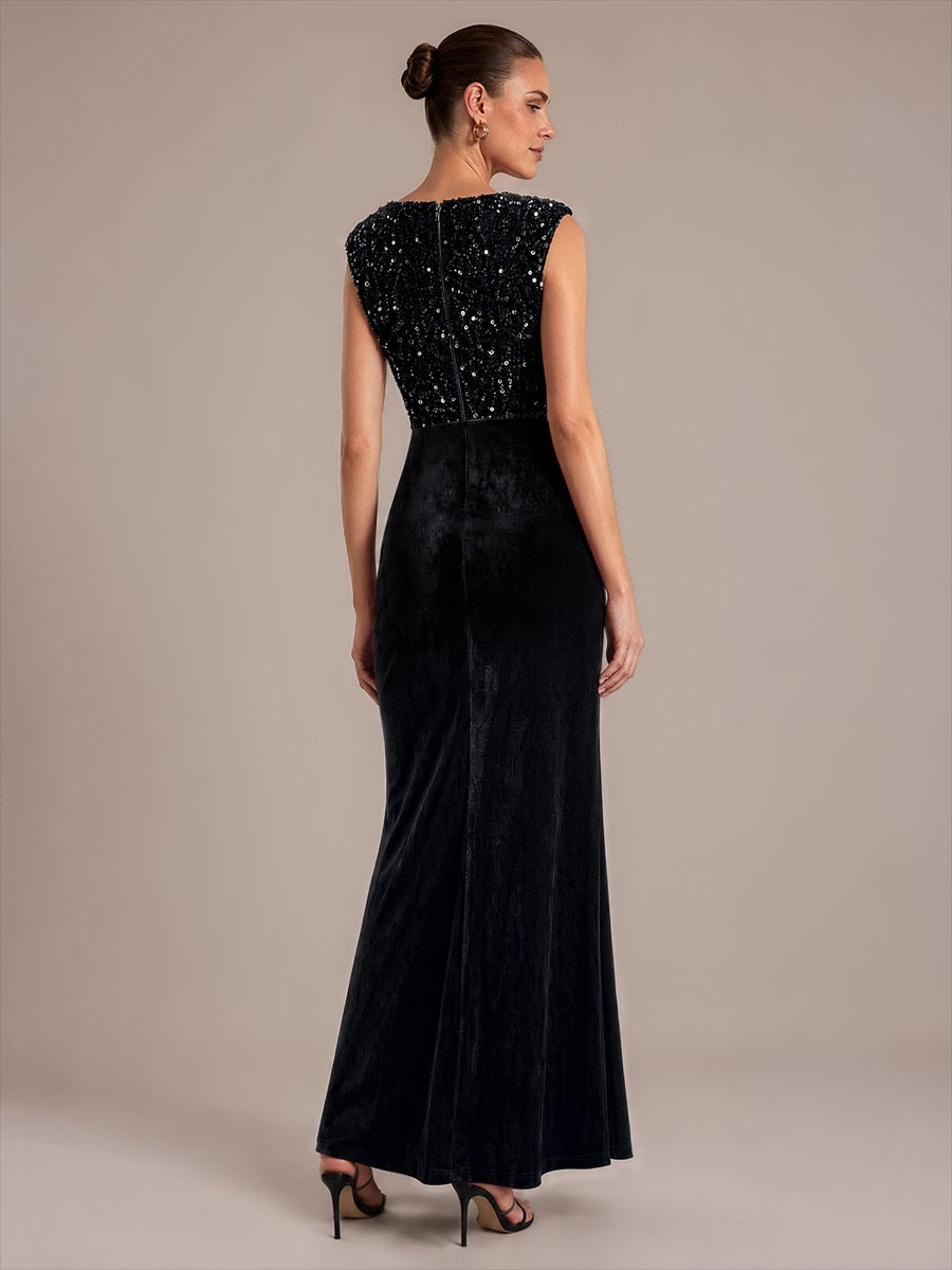 Robe asymétrique sans manches à décolleté en V et sequins longueur maxi #Couleur_Noir