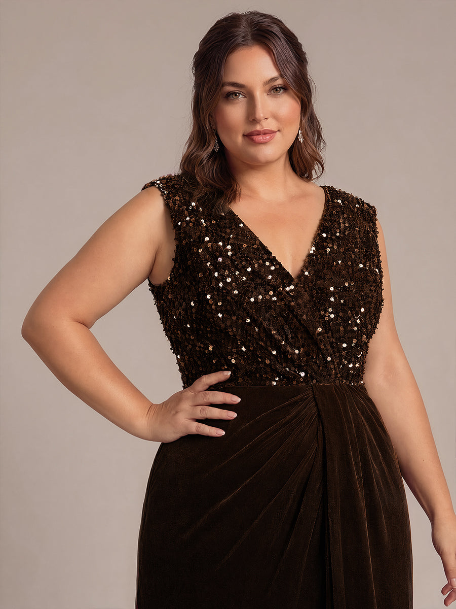Robe asymétrique sans manches à décolleté en V et sequins longueur maxi #Couleur_Marron chocolat