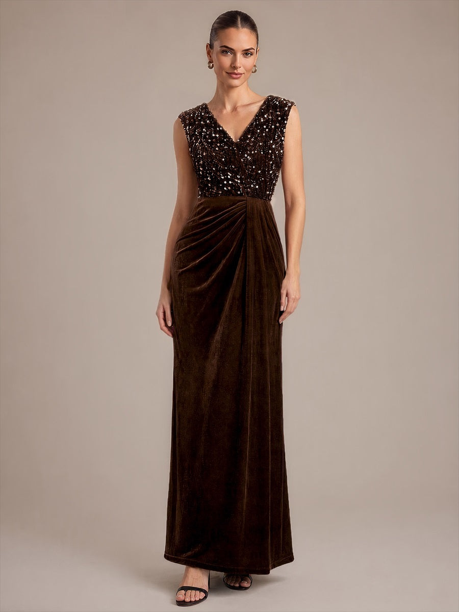 Robe asymétrique sans manches à décolleté en V et sequins longueur maxi #Couleur_Marron chocolat